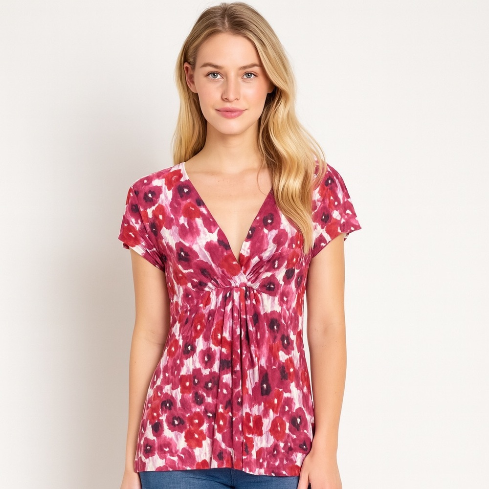 J.Jill Red Pink Floral V-Neck Pleated Short Sleeve Cotton Top Size Small